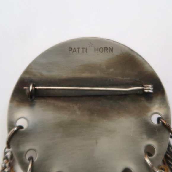 vtg PATTI HORN Metal Brooch w chain - Picture 3 of 3